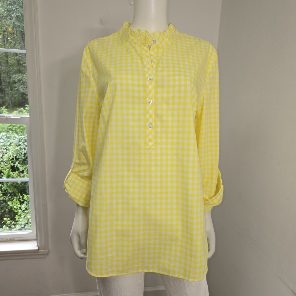 Talbots Yellow Gingham Check Popover Shirt Size XL Ruffle Neck Roll Tab Slv NWT